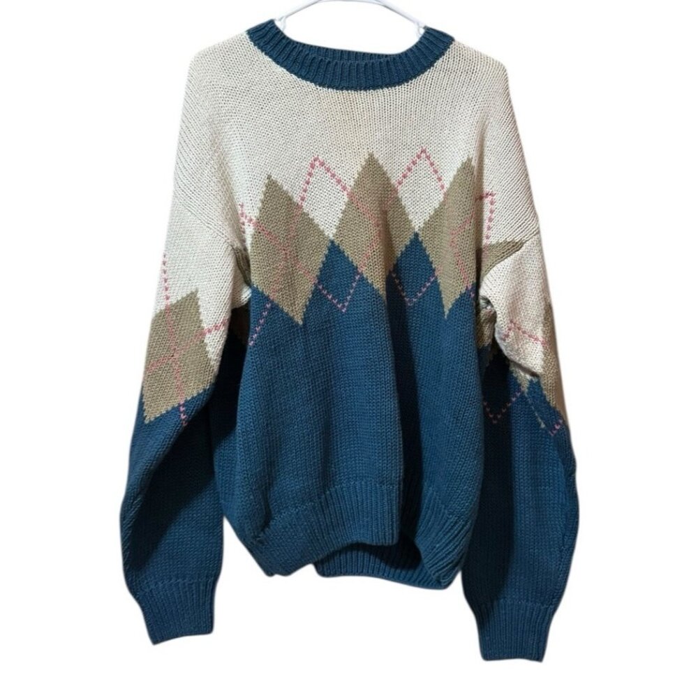 Cape‎ Isle Knitters Ski Argyle Diamond Sweater Size Large Cotton Blend Vintage